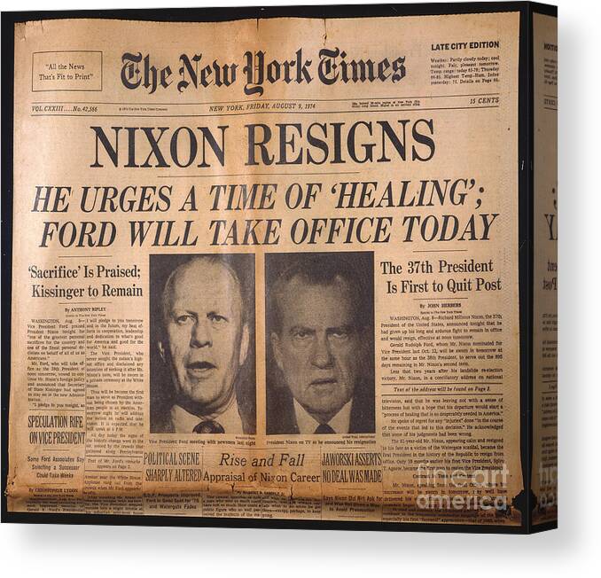1974 Canvas Print featuring the photograph Nixon Resigns by Granger