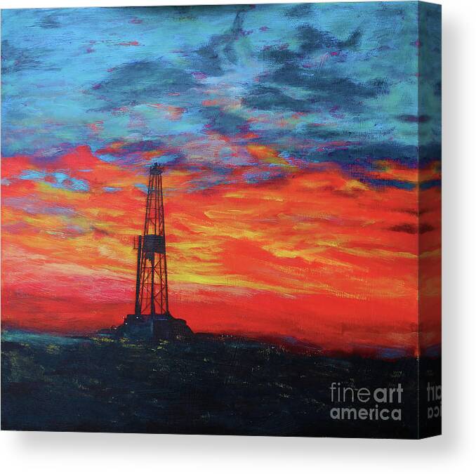 Oilfield Canvas Print featuring the painting Sunrise rig #1 by Karen Peterson