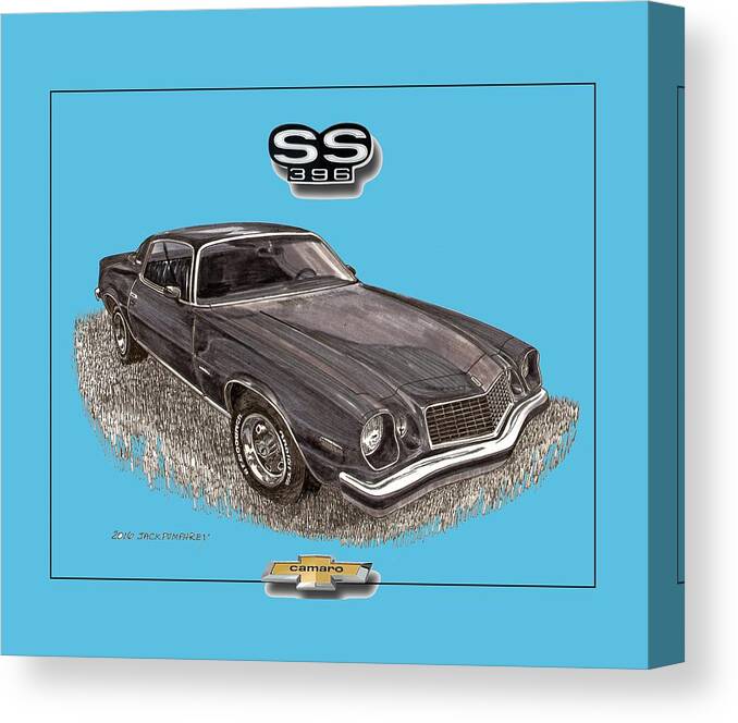 A Pen & Ink-wash Drawing Of A Second-generation Chevrolet Camaro Which Was Produced By Chevrolet From 1970 Through The 1981 Model Years Canvas Print featuring the painting 1976 Camaro S S 396 TEE SHIRT by Jack Pumphrey