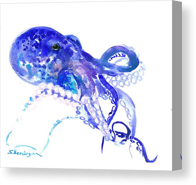 Blue Octopus Canvas Print featuring the painting Octopus #2 by Suren Nersisyan