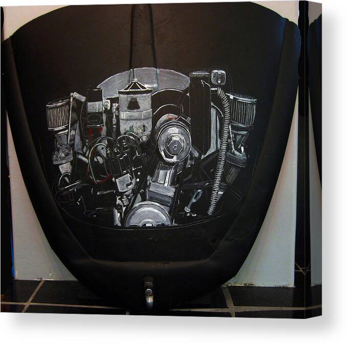 Vw Canvas Print featuring the painting 356 Porsche Engine on a VW Cover by Richard Le Page