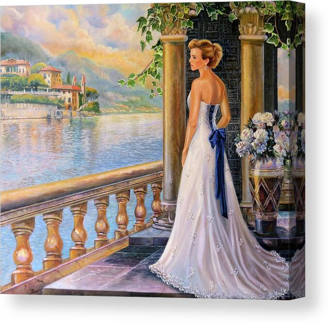 Lady On The Stairs Of A Villa Canvas Print featuring the painting A moment in thought by Regina Femrite