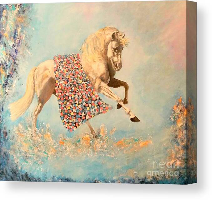 Unicorn With Flowers Canvas Print featuring the painting Cinderellas Unicorn by Dagmar Helbig