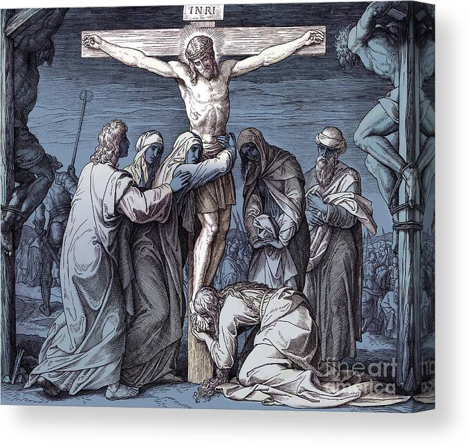 Cross Canvas Print featuring the drawing Death of Jesus on the cross, Gospel of John by Julius Schnorr von Carolsfeld