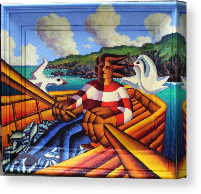 Fisherman Canvas Print featuring the painting Fisherman In Boat With Gulls Painted On To Frame 3 by Alan Kenny