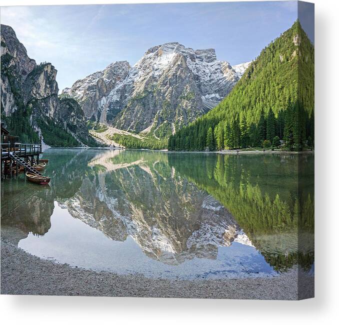 Lago Di Braies Canvas Print featuring the photograph Lake Braies by Angie Schutt