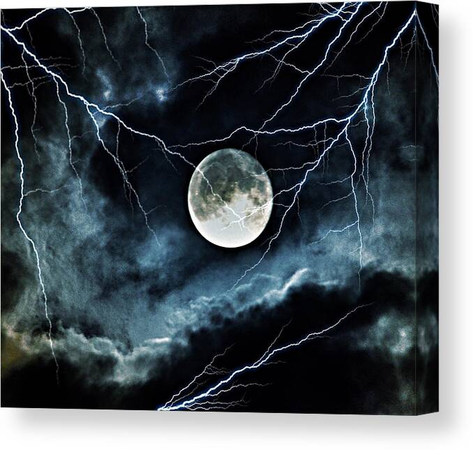 Lightning Sky At Full Moon Canvas Print featuring the photograph Lightning Sky at Full Moon by Marianna Mills