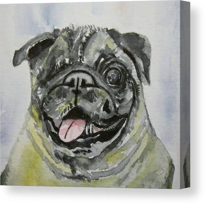 Dog Canvas Print featuring the painting One Eyed Pug Portrait by Anna Ruzsan