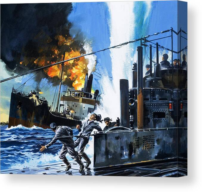 Q-ship Canvas Print featuring the painting Q Ships during World War One by Wilf Hardy