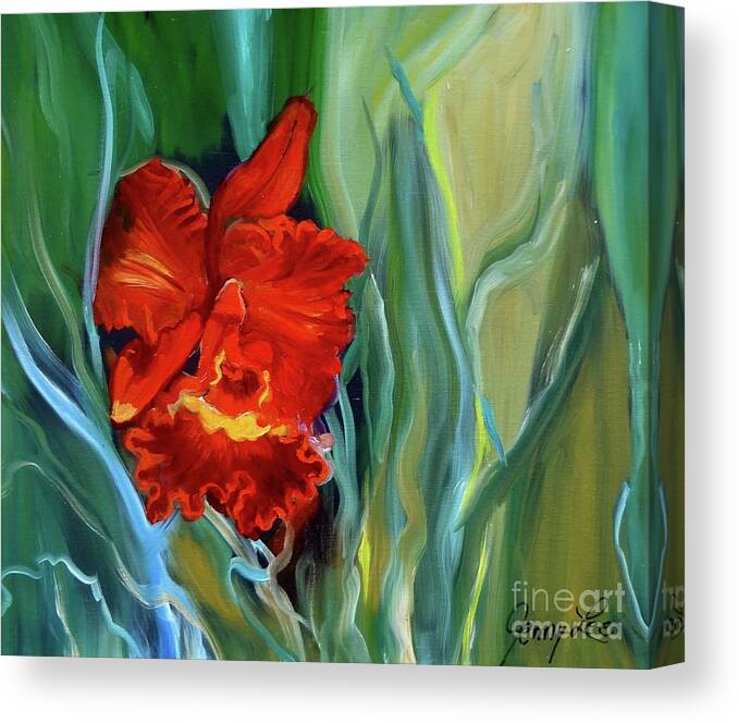 Red Orchid Canvas Print featuring the painting Red Jungle Orchid by Jenny Lee