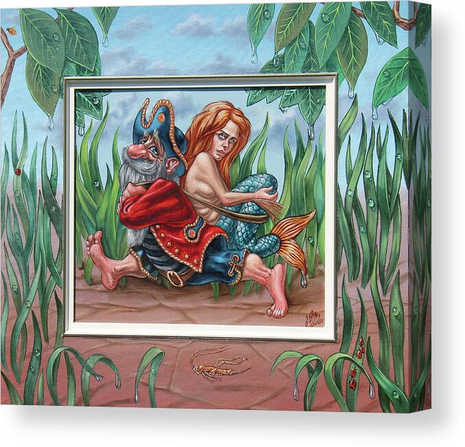 Painting Canvas Print featuring the painting Sailor and mermaid by Victor Molev