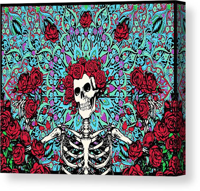 Grateful Dead Canvas Print featuring the digital art skeleton With Roses by Gd