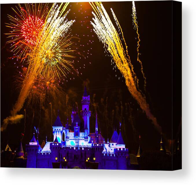 Sam Amato Canvas Print featuring the photograph Sleeping Beauty Castle and Fireworks by Sam Amato
