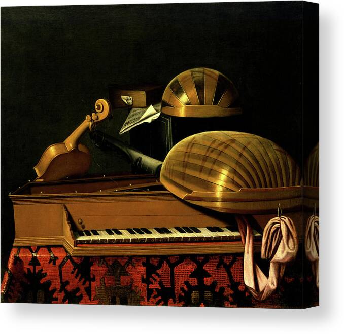 Still Life Canvas Print featuring the painting Still Life with Musical Instruments and Books by Bartholomeo Bettera
