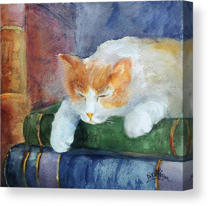 Cat Canvas Print featuring the painting Sweet Dreams On The books by Faruk Koksal