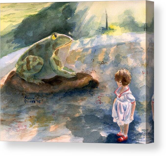 Child Canvas Print featuring the painting The Magical Giant Frog by Andrew Gillette