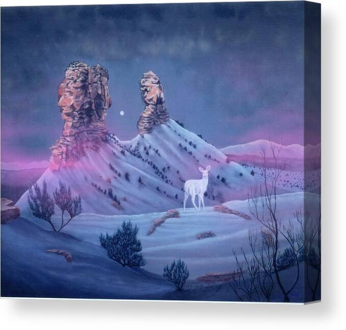 Deer Canvas Print featuring the painting Vision of the Legend of White Deer Woman-Chimney Rock Colorado by Anastasia Savage Ealy