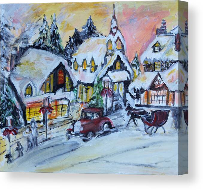 Snowy Canvas Print featuring the painting Winter Village Scene by Denice Palanuk Wilson