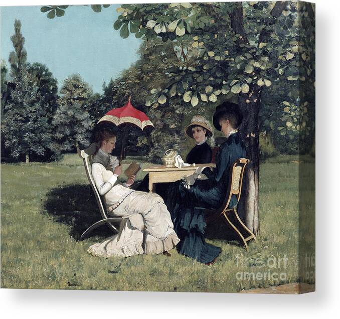Andrea Gram Canvas Print featuring the painting Women around the garden table by O Vaering