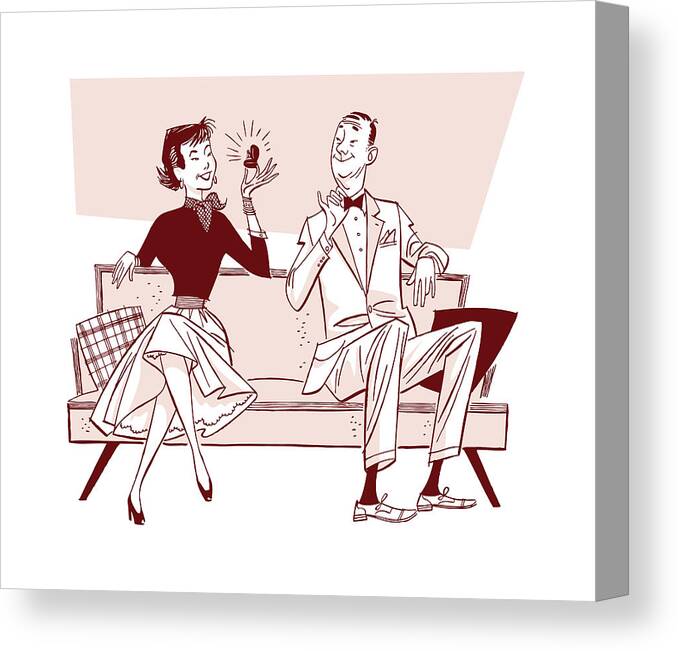Accessories Canvas Print featuring the drawing Woman Admiring Engagement Ring While Man Looks On #3 by CSA Images