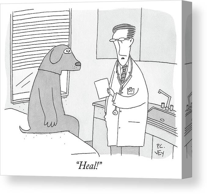 Doctor's Office Canvas Print featuring the drawing A Doctor Speaks To A Man In A Dog Costume Who by Peter C Vey