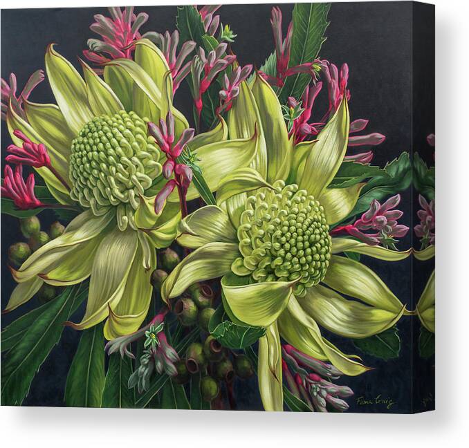 Fiona Craig Canvas Print featuring the painting Australian Flora in Green and Pink by Fiona Craig