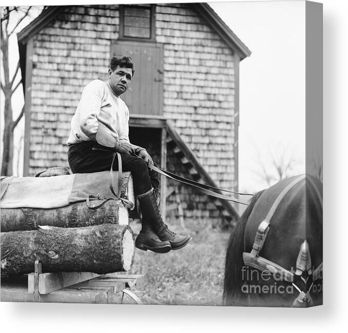 People Canvas Print featuring the photograph Babe Ruth Hauling Logs by Bettmann