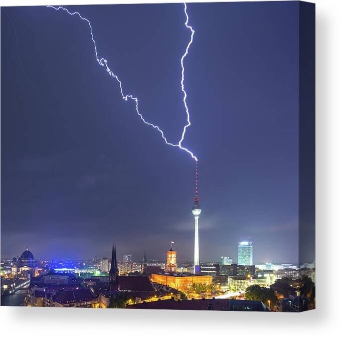 Tranquility Canvas Print featuring the photograph Berlin Skyline Thunderstorm by Matthias Makarinus