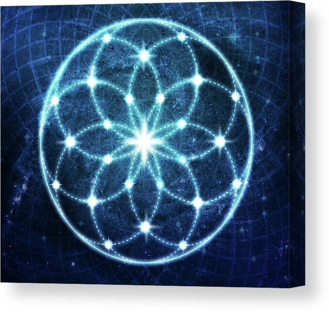 Seed Of Life Canvas Print featuring the digital art Blue Cosmic Geometric Flower Mandala by Laura Ostrowski