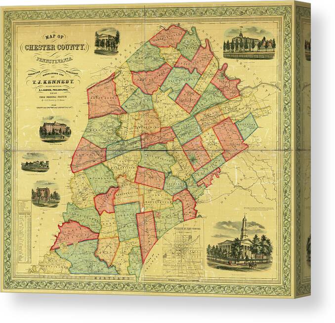 Richard Reeve Canvas Print featuring the photograph Chester County Pennsylvania Map 1856 by Richard Reeve