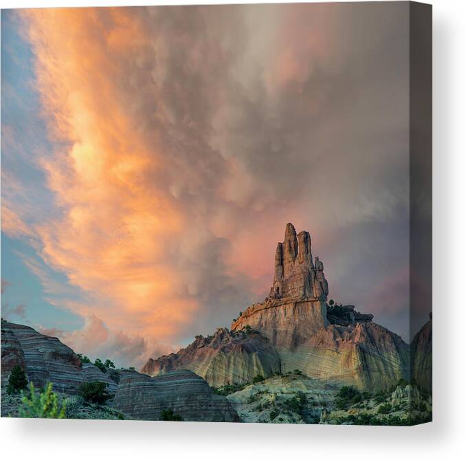 00563978 Canvas Print featuring the photograph Cloudy Sky Over Church Rock, Red Rock State Park, New Mexico by Tim Fitzharris