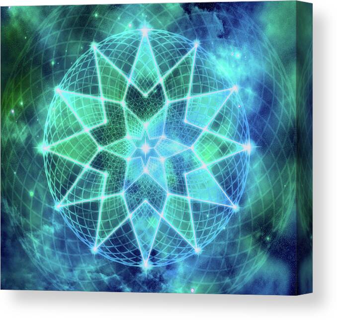 Seed Of Life Canvas Print featuring the digital art Cosmic Geometric Seed of Life Crystal Turquoise Lotus Star Mandala by Laura Ostrowski