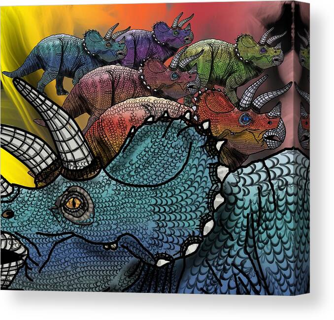 Dinosaur Canvas Print featuring the drawing Dinosaur Triceratops Herd by Joan Stratton