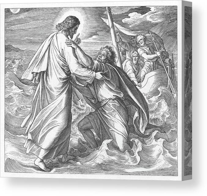 Carolsfeld Canvas Print featuring the painting Jesus and Peter walk on water, Gospel of Matthew by New Digital Museum