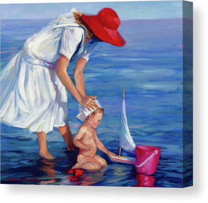Mom And Baby At The Beach Canvas Print featuring the painting Little Sailor by Laurie Snow Hein