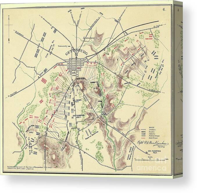 American Civil War Canvas Print featuring the photograph Map Of Gettysburg With Troop Positions by Bettmann