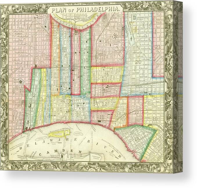 Map Canvas Print featuring the mixed media Plan of Philadelphia, 1860 by Augustus Mitchell