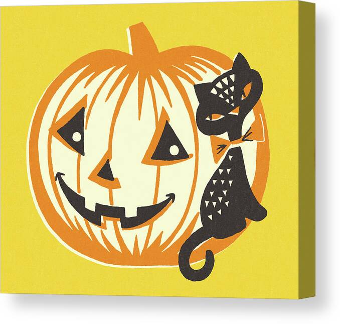 Animal Canvas Print featuring the drawing Pumpkin and Black Cat by CSA Images