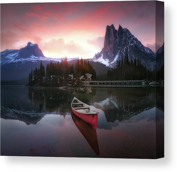 Canada Canvas Print featuring the photograph Rocky Mountains The Boat At Sunrise 7r24696 by Joanaduenas