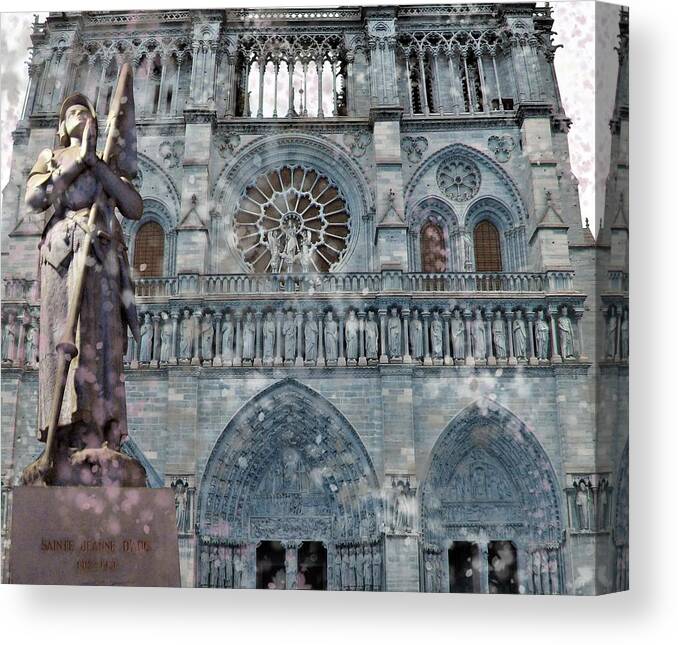 Notre Dame Canvas Print featuring the mixed media St Joan of Arc Watch Over Notre Dame by Joan Stratton