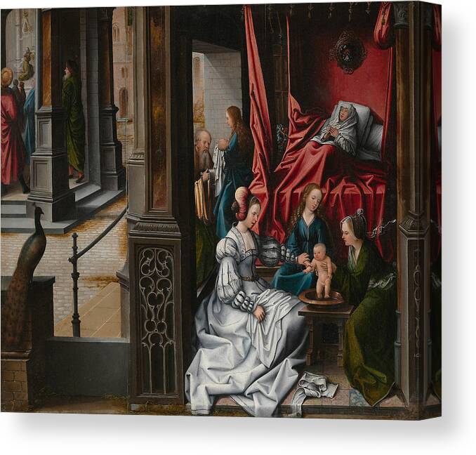 The Birth And Naming Of Saint John The Baptist Canvas Print featuring the painting The Birth and Naming of Saint John the Baptist by Bernard van Orley
