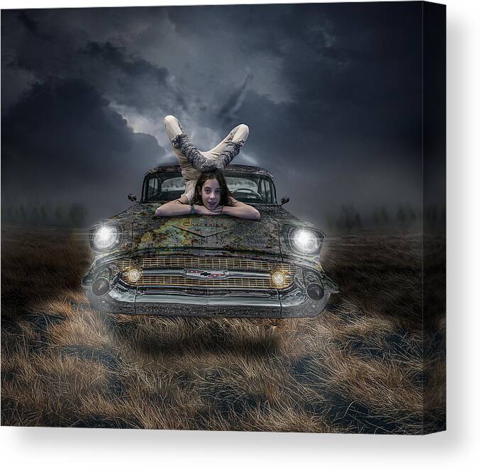 Creative Editing Canvas Print featuring the photograph The Flying Car by Gabrielle Halperin