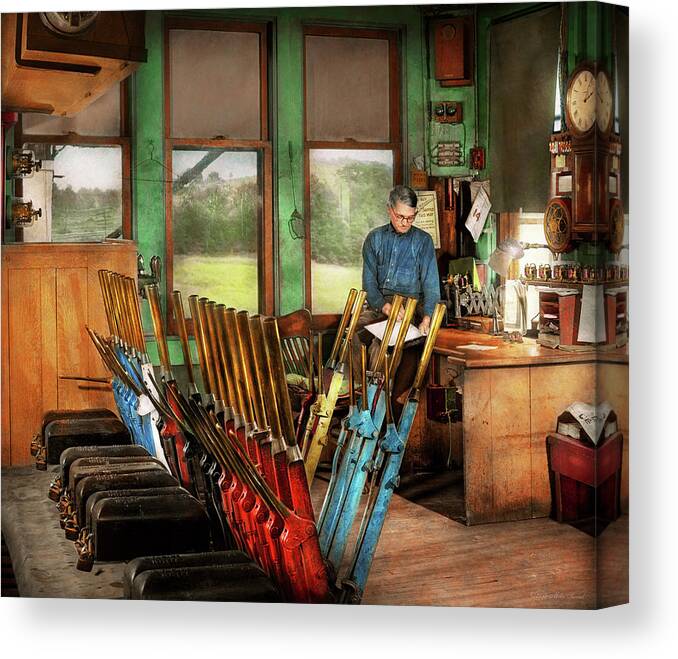 Train Canvas Print featuring the photograph Train - Controls - In the signal tower 1940 by Mike Savad