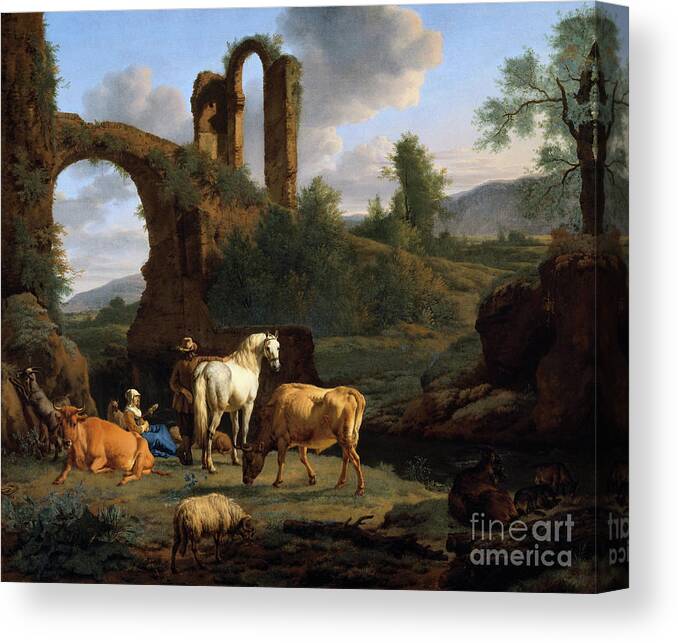 Pastoral Landscape Canvas Print featuring the painting Pastoral Landscape with Ruins #1 by Adriaen van de Velde