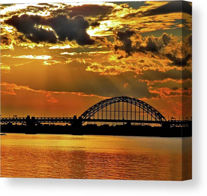 Sunset Canvas Print featuring the photograph Autumn Sunset Behind Tacony-Palmyra Bridge on the Delaware by Linda Stern