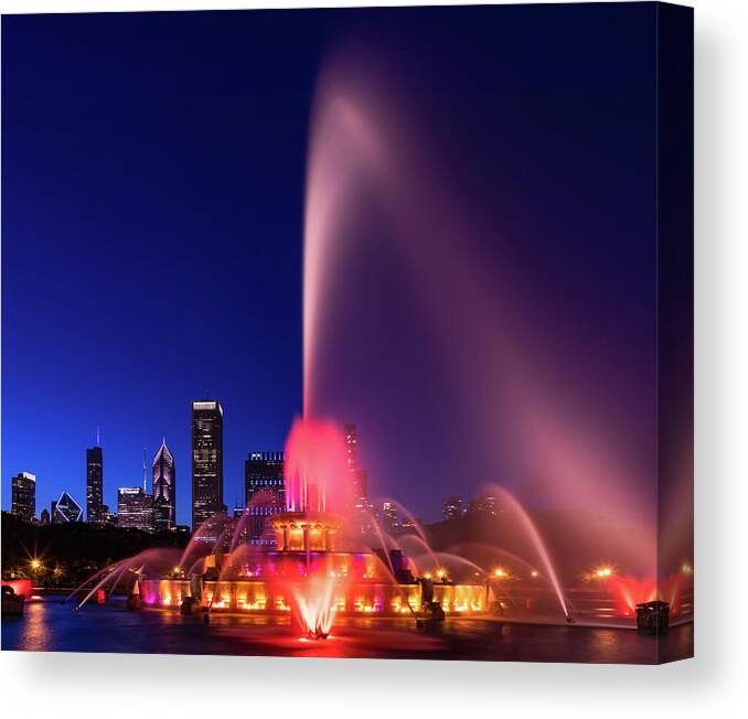 Chicago Canvas Print featuring the photograph Buckingham Fountain At Night - Chicago, Illinois by Elvira Peretsman