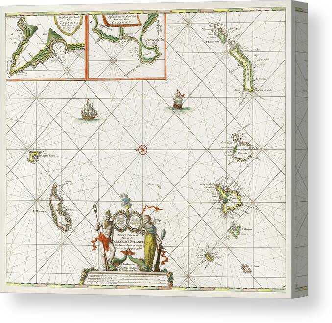 Chart Canvas Print featuring the drawing Chart of the Canary Islands 1680 by Jan Luyken