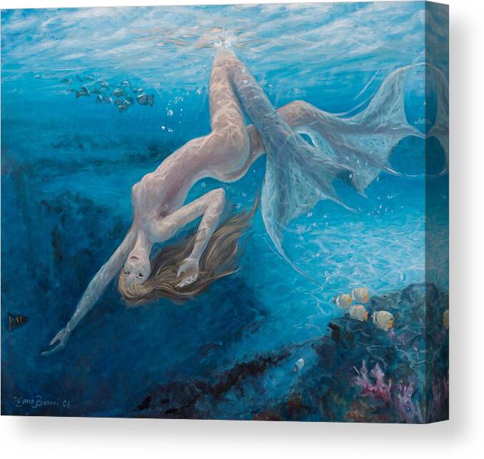 Mermaid Underwater Lady Fish Siren Sexy Water Blue Deep See Ocean Canvas Print featuring the painting Dangerous invitation by Marco Busoni