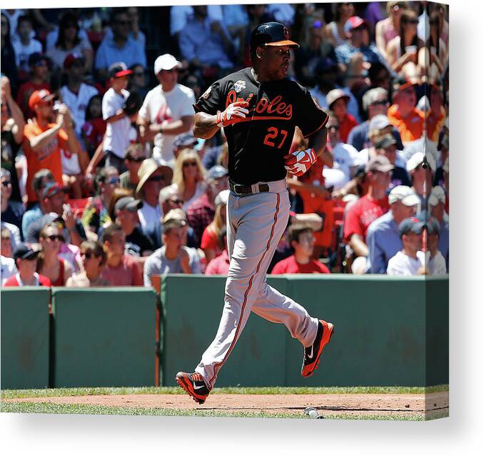 American League Baseball Canvas Print featuring the photograph Delmon Young and Xander Bogaerts by Jim Rogash