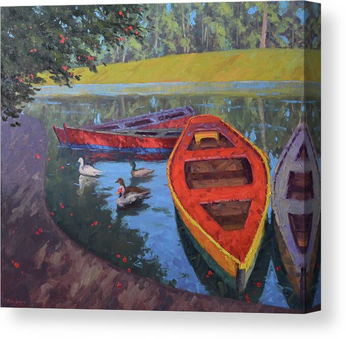 Ducks Canvas Print featuring the painting Duck Duck Boats by Cody DeLong